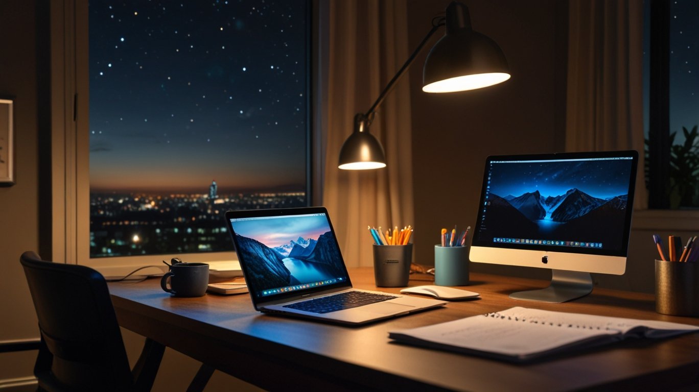 Person multitasking with job and freelance work at home office desk