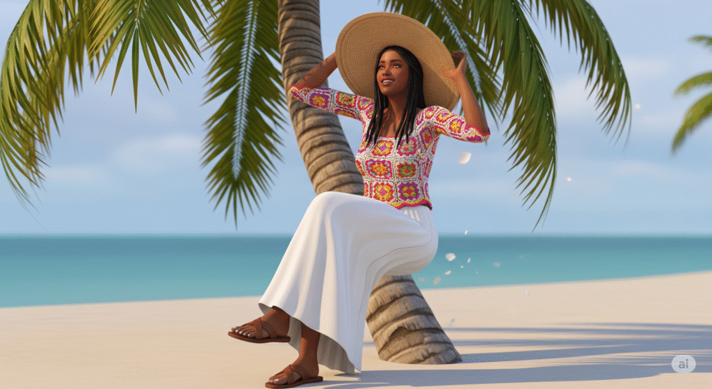 Top 19 Beach Outfits: Stylish Looks for a Perfect Vacation in The Sims 4 Sims 4 boho beach outfit with maxi skirt and straw hat