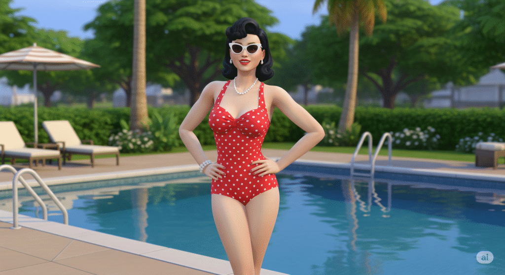 Top 19 Beach Outfits: Stylish Looks for a Perfect Vacation in The Sims 4 Sims 4 retro one-piece swimsuit and cat-eye sunglasses
