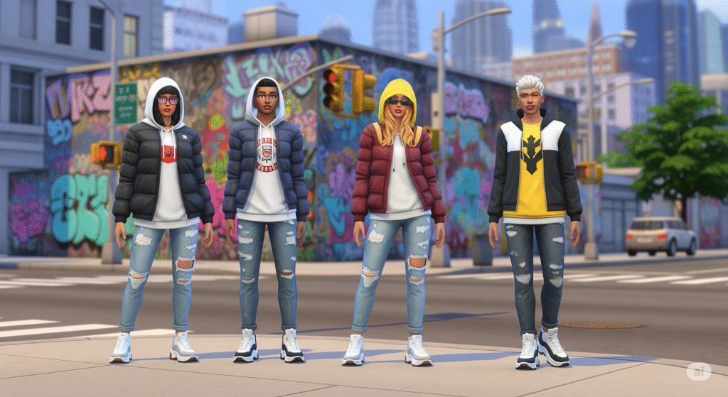 Sims 4 characters in urban streetwear fashion