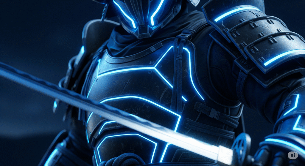Top Trending Minecraft Skins to Customize Your Avatar in 2025 (Best 26 Picks) Cyber Samurai Minecraft skin with glowing LED armor