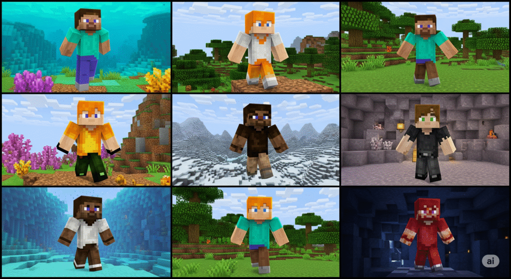 Top Trending Minecraft Skins to Customize Your Avatar in 2025 (Best 26 Picks) Collage of trending Minecraft skins in 2025