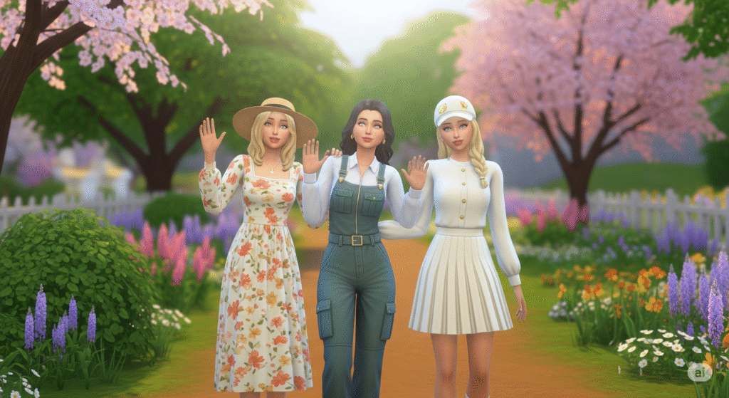 Group of Sims in spring fashion on a garden path