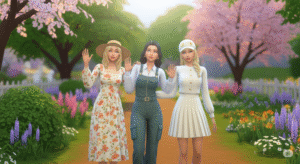 Group of Sims in spring fashion on a garden path