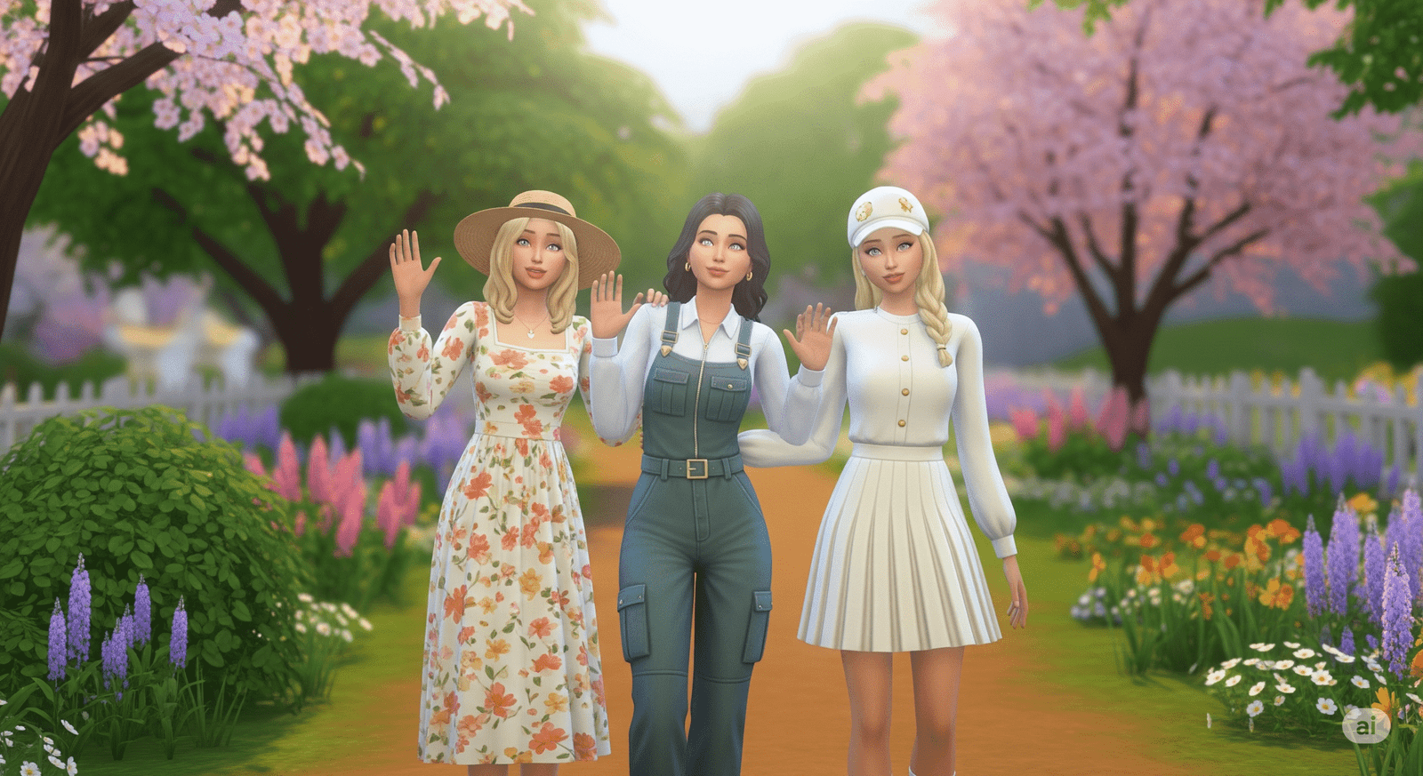 Group of Sims in spring fashion on a garden path