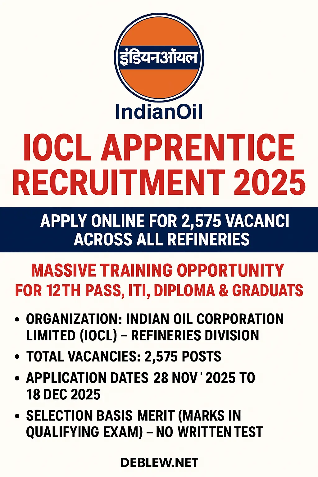 IOCL Apprentice Recruitment 2025 – 2,575 Vacancies Across Refineries